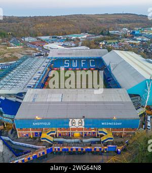 Sheffield, Yorkshire. Royaume-Uni. Sheffield Wednesday Football Club, stade de Hillsborough. Image aérienne. 26 janvier 2024. Banque D'Images