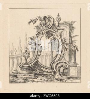 Cartouche in Garden, 1752 imprimer Un cartouche rocaille dans un jardin avec fontaines et colonnade. Décoration de gravure de papier de Londres  cartouche. jardin. fontaine de jardin. colonnade Banque D'Images