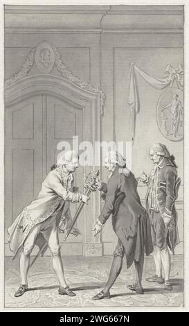 Don à Admiraal Bailli de Suffren au nom des États généraux, 1784, Jacobus achète, dessin 1792 Présentation du don d'un Degen d'or à l'amiral français Pierre André de Suffren de Saint-Tropez, en raison de ses mérites dans la lutte contre les Anglais aux Indes orientales, 1784. L'épée est remise au nom des États généraux par G. Brantsen et l'Estévenon van Berkenrode. Papier des pays-Bas du Nord. stylo à encre / brosse présentation de l'épée  installation d'une règle. cadeaux acceptés. Quatrième guerre anglo-néerlandaise Banque D'Images