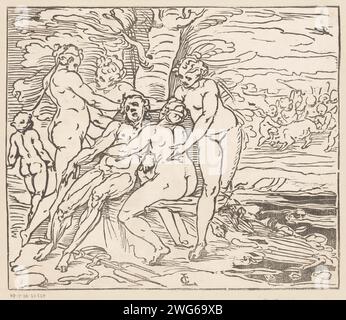 Vénus pleure pour la mort d'Adonis, monogrammiste GGN (attribué à), d'après Luca Cambiaso, 1537 - 1585 print Vénus et les trois grâces dans le cadavre d'Adonis. Putti à droite en arrière-plan et le sanglier, qui a tué Adonis pendant la chasse. Italie papier Vénus pleurant Adonis. Grâces (Charites), généralement au nombre de trois ; 'Gratie' (Ripa). (Histoire de) Cupidon, Amor (Eros). animaux à ongulés : sanglier Banque D'Images