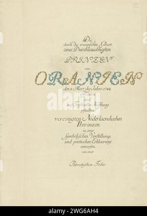 Explication poétique de quatre pages sur la naissance du prince d'Orange, 1748, 1748 imprimer explication poétique de quatre pages sur la naissance du prince d'Orange le 8 mars 1748. Quatre pages avec texte gravé en allemand. Recto : texte gravé. Deuxième page : texte gravé avec une vignette avec l'arme du prince flanquée de religion et de liberté. Troisième page : texte gravé. Quatrième page : texte gravé avec une vignette avec le Lion hollandais avec épée et branche orange entre tibs. Allemagne (éventuellement) gravure / gravure sur papier Banque D'Images