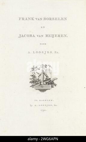 Page de titre pour : Adriaan Loosjes Pz. 'Frank van Borselen and Jacoba van Beijeren', 1790, Reinier Vinkeles (I), 1790 imprimeur : Amsterdampublisher : Haarlem paper graving archer's armurs : archer. oiseaux Banque D'Images