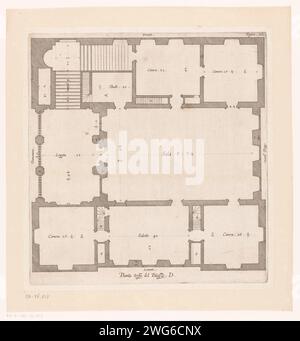 Carte du premier étage de la Villa Grimaldi à Gênes, Nicolaes Ryckmans, 1622 impression avec explication italienne. Plan de gravure papier Anvers  architecture. Hôtel, c'est-à-dire petit palais en ville - AA - architecture civique : à l'intérieur de la Villa Grimaldi Banque D'Images