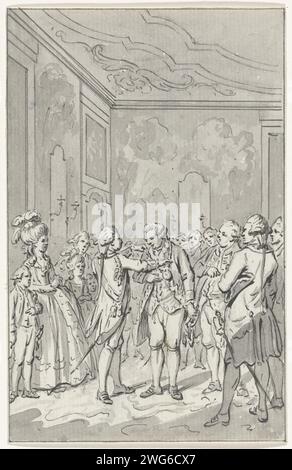 Willem V reert les héros de la bataille maritime à Doggersbank, 1781, Jacobus Buys, 1786 - 1788 dessin le prince Willem V a récompensé Johan Zoutman le 30 novembre avec une médaille commémorative à une chaîne d'or, après sa victoire dans la bataille maritime de Doggersbank entre les flottes hollandaise et britannique le 5 août 1781. Conception pour une impression. Papier des pays-Bas du Nord. stylo à encre / règle de pinceau donnant la marque d'honneur. décorations, honneurs (comme symboles de l'état, etc.). Médailles et autres marques d'honneur militaire (+ voiliers) Doggersbank. Pays-Bas Banque D'Images