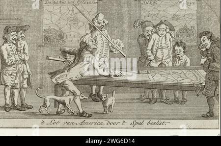 Dessin animé sur le sort de l'Amérique décide dans un jeu de billard, 1782-1783, Anonyme, 1782 - 1783 imprimer dessin dessin animé dans lequel le sort des États-Unis est décidé par un jeu de billard entre deux hommes (princes européens), ca. 1782. Sur les cartes murales de l ' Amérique du Nord et du Sud. Nord des pays-Bas gravure sur papier / gravure de caricatures politiques et satires. billard Banque D'Images