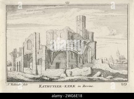 Vue des ruines de l'église chartreuse près de Delft, 1573, Abraham Rademaker, 1727 - 1733 imprimer vue de la ruine de l'église du monastère chartreux 'Sint-Bartholomée à Jérusalem' près de Delft, dans la situation, dans la situation autour de 1573. Au premier plan quelques chiffres. En arrière-plan les contours de Delft. Amsterdam papier gravure ruine de l'église, monastère, etc. Perspective de la ville, panorama de la ville, silhouette de la ville monastère chartreux 'Sint-Bartholomeus in Jerusalem'. Delft Banque D'Images