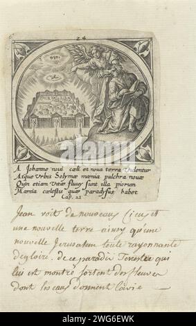 Engel montre Johannes Het Nieuwe Jérusalem, Adriaen Collaert (attribué à), d'après Jan Snellinck (I), 1585 impression un ange montre Jean le nouveau Jérusalem (céleste). Johannes écrit dans un livre. Au-dessus de la ville, le Saint-Esprit (comme un pigeon) et un tétragramme. Dans la marge, une légende de quatre lignes en latin. Vingt-quatrième tirage d'une série de vingt-quatre avec la révélation de Johannes sur Patmos. Anvers gravure sur papier d'un ange montre Jean le Nouveau Jérusalem (céleste) descendant du ciel ; parfois Christ est montré conduisant ses agneaux à la ville Banque D'Images