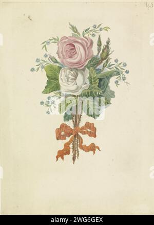 Roses avec les silhouettes de la famille royale, 1816, Leonardus Schweikhardt, 1816 impression bouquet avec une rose et une rose blanche dans laquelle sont incorporées les silhouettes de la famille royale. Les roses attachées ensemble avec un Oranjelint. Suite au mariage du prince d'Orange et Anna Paulowna à Saint-Pétersbourg le 21 février 1816. Sous les fleurs, un verset de huit lignes et une liste des noms des personnes représentées. Amsterdam papier gravure / gravure de fleurs : rose Banque D'Images