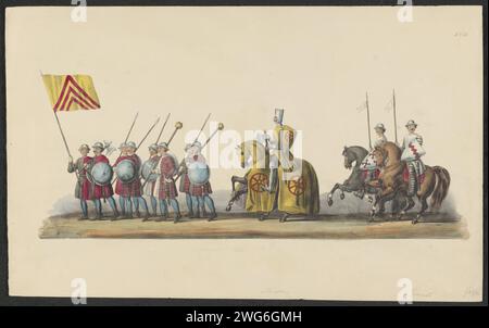 Procession costumée de 1841 : Chevalier (page XVII), 1841 imprimer Un chevalier en armure à cheval, précédé d'un groupe de soldats à pied et suivi de deux cavaliers. Feuille numérotée XVII dans la série de dix-huit documents de la parade costumée historique représentant la réception du comte Guillaume II de Hollande à Utrecht en 1249. Défilé organisé par les étudiants de l'Université d'Utrecht le 2 juin 1841 à l'occasion de la célébration de la récupération de vingt-cinq ans de l'université. Imprimeur : Netherlandspublisher : Utrechtpublisher : Leiden paper Students' pageant. costumes utilisés dans le concours Banque D'Images