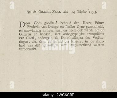 Bulletin de l'Oranjezaal. Octobre 14, Anonyme, 1793 feuille de texte Magazine du 14 octobre 1793 avec des nouvelles sur la suite de la récupération de Willem George Frederik, Prince d'Oranje-Nassau, de sa blessure lors de la bataille de Wervik le 13 septembre 1793. Impression typographique papier des pays-Bas du Nord Banque D'Images