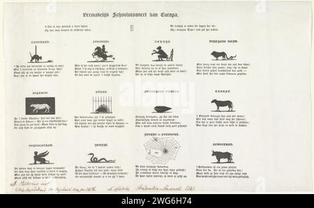 Caricature de Leiden Almanac étudiant, 1841, 1841 imprimer caricature de l'almanach étudiant de l'Université de Leiden de l'année 1841. Feuille avec 12 petites représentations d'animaux avec un verset de quatre lignes, chacune avec laquelle un pays présente. Impression typographique papier pays-Bas vie étudiante Leiden Banque D'Images