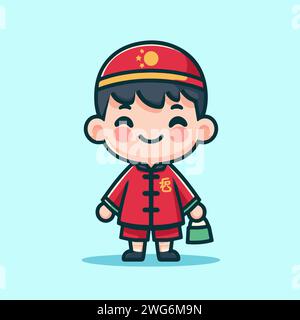 Mignon garçon personnages de dessins animés dans le nouvel an chinois portant des vêtements traditionnels Illustration de Vecteur