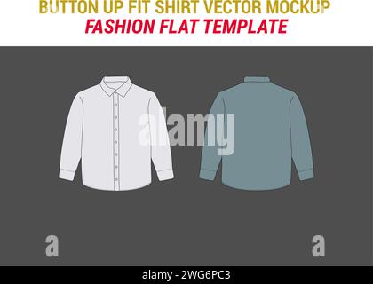 Chemise Button UP Fit Fashion Flat Template Button shirt manches longues Flat dessin technique Illustration manches longues Chemise boutonnée Vector maquette Illustration de Vecteur