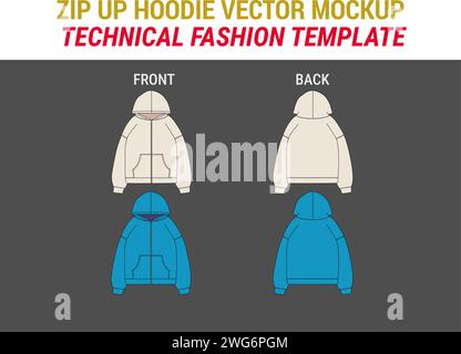 Sweat à capuche zippé Sweatshirt zippé plat dessin technique Illustration streetwear Zip Up Sweat à capuche mode Vector Mock-up modèle Zip Sweat à capuche plat Illustration de Vecteur