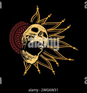 T-shirt design d'un crâne hurlant avec sa bouche ouverte et les rayons du soleil sur un fond noir. Illustration de Vecteur