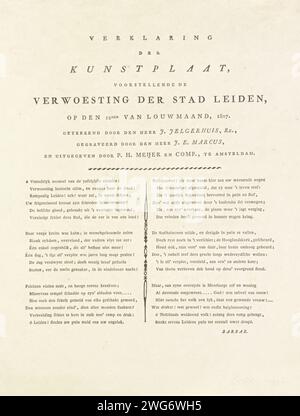 Explication à l'empreinte des ruines de Rapenburg à Leiden après la catastrophe, 1807, P.H. Meyer & Co., 1807 feuille de texte Déclaration de la représentation de l'empreinte des ruines après la catastrophe de la poudre à canon sur le Steenchuur, un canal dans le prolongement du Rapenburg, à Leiden le 12 janvier 1807. Explication en forme fraîche dans deux colonnes. Catastrophe de poudre à canon d'impression typographique d'Amsterdam à plomb. Rapenburg. Hangar Banque D'Images