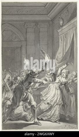 Le meurtre d'Aleid van Poelgeest dans sa chambre, le 22 septembre 1392, Jacobus Buys, 1792 - 1794 dessin Jonkvrouw Aleid van Poelgeest dans sa chambre à coucher assassiné par des soldats Hoekse avec des torches, le 22 septembre 1392. Conception pour une impression. papier. stylo à encre / brosse personnes historiques. meurtre. Événements et situations historiques pays-Bas Banque D'Images