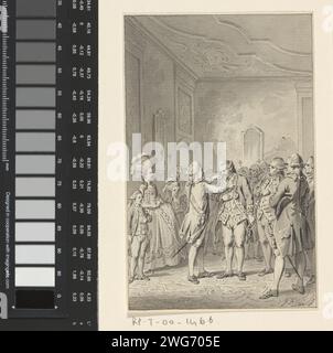 Willem V reert les héros de la bataille maritime à Doggersbank, 1781, Jacobus Buys, 1786 - 1788 dessin le prince Willem V a récompensé Johan Zoutman le 30 novembre avec une médaille commémorative à une chaîne d'or, après sa victoire dans la bataille maritime de Doggersbank entre les flottes hollandaise et britannique le 5 août 1781. Conception pour une impression. Papier des pays-Bas du Nord. stylo à encre / règle de pinceau donnant la marque d'honneur. décorations, honneurs (comme symboles de l'état, etc.). Médailles et autres marques d'honneur militaire (+ voiliers) Doggersbank Banque D'Images