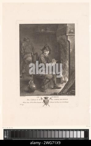 Homme fumant pour une cheminée arrête sa pipe, Jacques-Philippe le Bas, d'après David Teniers (II), c. 1747 tirage numéroté en bas à gauche : n° 49. Paris gravure sur papier / gravure foyer ouvert, cheminée. pipe  tabac. roulement armorial, héraldique Banque D'Images