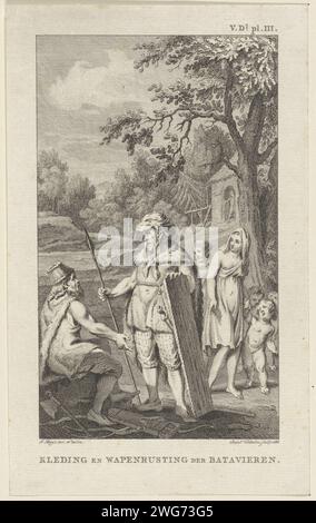 Vêtements et armures des Bataves, Reinier Vinkeles (I), après Jacobus achète, 1786 estampe guerrier et famille des Bataven. Gravure sur papier éteinte / gravure éteinte, peuples «historiques» (avec NOM) pays-Bas Banque D'Images