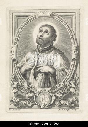 H. Franciscus Xaverius, Arnold van Westerhout, d'après Pietro Locatelli, 1665 - 1725 tirage Portrait de Saint François Xaverius. Sous le cadre de son portrait de lys, un cartouche avec le monogramme des jésuites et une banderole avec une inscription en latin. Italie gravure sur papier / gravure le missionnaire jésuite Francis Xavier ; attributs possibles : croix, crucifix, cœur enflammé, indien, lily, torche. IHS ('Iesus Hominum Salvator')  symbole du Christ Banque D'Images