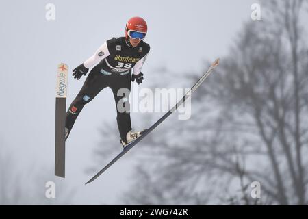 Willingen, Allemagne. 03 février 2024. Ski nordique, saut à ski : coupe du monde, grande colline, hommes. Stephan Leye de l'Allemagne saute. Crédit : Swen Pförtner/dpa/Alamy Live News Banque D'Images