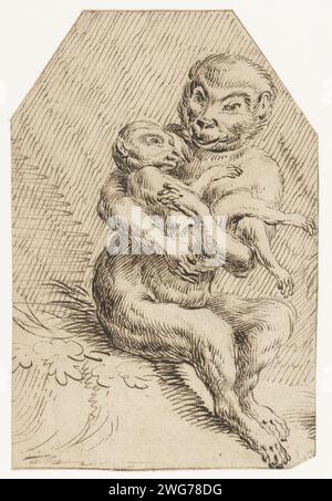 Singe avec un jeune singe dans ses bras, anonyme, d'après Marcus Gheeraerts (I), 1567 - 1617 papier à dessin. singes à plume, singes Banque D'Images