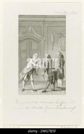 Don à Admiraal Bailli de Suffren au nom des États généraux, 1784, Reinier Vinkeles (I), après Jacobus achète, 1792 print Présentation du don d'un Degen d'or à l'amiral français Pierre André de Suffren de Saint-Tropez, en raison de ses mérites dans la lutte contre les Anglais dans les Indes orientales, 1784. L'épée est remise au nom des États généraux par G. Brantsen et l'Estévenon van Berkenrode. Nord des pays-Bas gravure sur papier / gravure présentation de l'épée  installation d'une règle. cadeaux acceptés. Quatrième guerre anglo-néerlandaise Banque D'Images