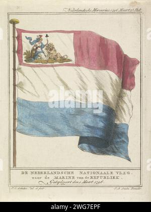 Drapeau national de la marine batave, 1796, Johan Christoffel Schultsz, 1797 imprimer le nouveau drapeau national de la marine de la République batave, mis en service le 1 mars 1796. Drapeau néerlandais avec un emblème allégorique en haut à gauche dans lequel la Vierge néerlandaise et le Lion néerlandais tiennent ensemble une lance avec la haine de la liberté. Drapeau de gravure / gravure papier néerlandais, couleurs (comme symbole de l'état, etc.). drapeaux et normes (militaires) (+ force navale) Banque D'Images