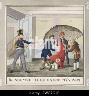 Napoléon dans les Jacobijnenmuts, 1815, 1815 dessin après son retour à Paris en juin 1815, Napoléon tente de se cacher en vain dans un grand chapeau Jacobijnen, dessiné 'Paris'. Cependant, il est secoué hors du chapeau par Carnot, Fouché et Cambacérès. A gauche le roi de Prusse qui attrape tout le couple avec un grand Valnet. Les gens étaient au nombre de 1-5. Pays-Bas stylo en papier / brosse attraper des animaux. casque : cap Banque D'Images