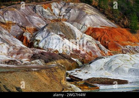 Un paysage saisissant de formations géologiques multicolores dans les mines de Rio Tinto, marqué par le passage du temps et l’extraction Banque D'Images