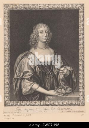 Portrait d'Anna Sophia, comtesse de Carnarvon, Pierre Lombard, d'après Anthony Van Dyck, c. 1660 - c. 1663 imprimeur : Londonéditeur : ParisFrance gravure sur papier personnages historiques - BB - femme. noblesse et patriciat ; chevalerie, chevalerie. cadre de peinture, etc Banque D'Images