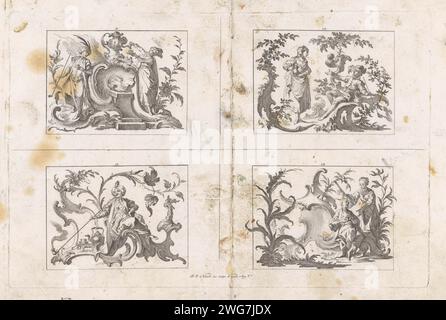 Quatre scènes avec des hommes de tuyauterie, Johann Esaias Nilson, c. 1731 - 1788 impriment quatre scènes sur une feuille, numérotées 9-12. En haut à gauche un homme avec un tuyau à côté d'un ornement de lobe. La femme de l'autre côté remplit une tasse. En haut à droite une femme avec une cruche pour un homme avec une pipe. En bas à gauche, un homme au turban fume une longue pipe. En bas à droite un homme asiatique avec la tête-et-plat à côté d'une femme. Augsbourg gravure sur papier / gravure pipe  tabac (+ prise (particulier) de denrées alimentaires : manger, boire, fumer, mâcher, etc.) Banque D'Images
