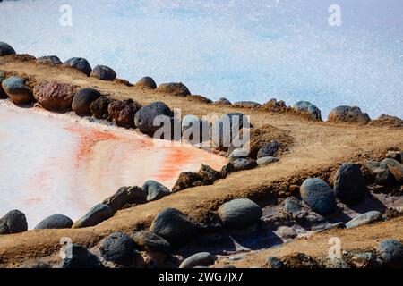 Gran Canaria, bassins d'évaporation salins de Salinas de Tenefe, partie sud-est de l'île, couleur rose créée par les algues Dunaliella salina Banque D'Images