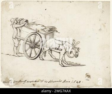Homme qui charge du fumier sur un chariot, 1648 dessin l'homme charge du fumier sur un chariot avec un cheval devant. Papier Zwolle. encre. craie Banque D'Images