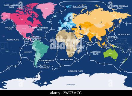 Plaques tectoniques à la surface de la Terre. Carte du monde avec noms de pays. Illustration vectorielle Illustration de Vecteur