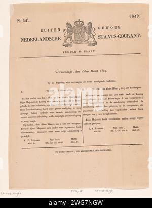 En dehors des Staats-courant néerlandais ordinaires. Vendredi 16 mars. N. 64*. 1849, 1849 copie du Journal officiel néerlandais du 16 mars 1849 avec la publication de deux bulletins médicaux du 15 mars de Tilburg sur la santé du roi Willem II Feuille imprimée sur un côté. Au sommet de l'arme nationale. Impression typographique papier de la Haye Banque D'Images