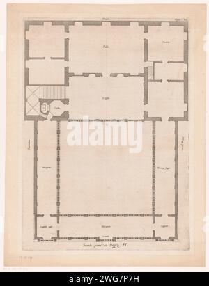 Carte du premier étage de la Villa Grimaldi-Sauli à Gênes, Nicolaes Ryckmans, 1622 impression avec explication italienne. Plan de gravure papier Anvers  architecture. Hôtel, c'est-à-dire petit palais en ville - AA - architecture civique : à l'intérieur de la Villa Grimaldi Banque D'Images