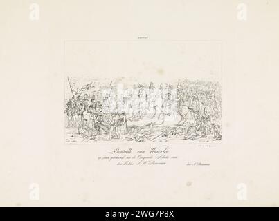 Bataille de Waterloo, 1815, Nicolaas Pieneman, d'après Jan Willem Pieneman, 1830 - 1850 imprimer bataille de Waterloo, 18 juin 1815. Vue du champ de bataille au moment où le commandant anglais Wellington entend que l'aide prussienne est sur la route. Le blessé Willem, prince d'Orange, est emmené à gauche au premier plan. Les commandants et autres officiers à cheval sont au milieu, au premier plan des soldats blessés et morts. Les combats font rage sur le champ de bataille en arrière-plan. Au sommet des tailles en pieds Rhineland. Bataille de papier des pays-Bas (+ forces terrestres) Waterloo Banque D'Images