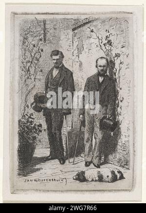 Autoportrait avec Frederik Hendrik Weissenbruch, Jan Weissenbruch, 1837 - 1880 imprimer l'artiste Frederik Hendrik Weissenbruch (à gauche) et son frère Jan Weissenbruch (à droite) se tiennent près d'un mur. Ils tiennent tous les deux un bâton et un chapeau haut de gamme. Un chien dort devant eux. Le journal de la Haye. gravure portrait, autoportrait de l'artiste. chien. homme adulte. plantes ; végétation Banque D'Images