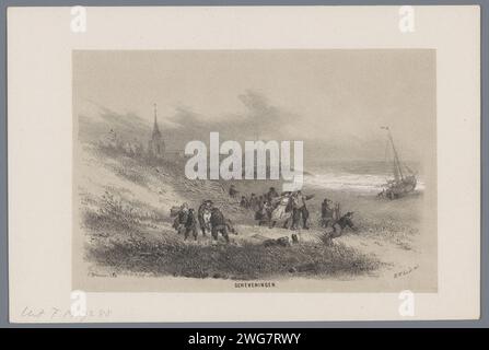Scheveningen pendant la tempête du 28 mai 1860, 1860 personnes impriment sur l'os dans les dunes près de Scheveningen, pendant la tempête. Une partie de l'album avec dix copies de litige en vrac dans une couverture en papier avec des représentations des dommages causés par la Pentecostal Storm du 28 mai 1860 à la Haye Bos et dans les environs. Imprimeur : Netherlandsprinter : The Haguepublisher : The Hague Paper Storm on Land. Tempête en mer Scheveningen Banque D'Images