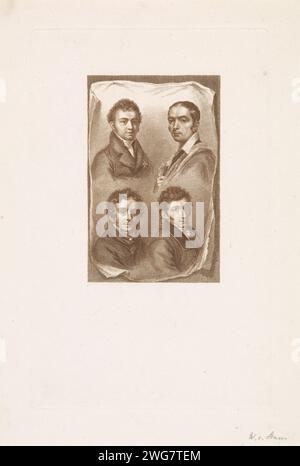 Portraits de Jan Willem Pieneman, Cornelis Cels, Pieter Christoffel Wonder et Paul Joseph Constantin Gabriël, Willem van Senus, 1783 - 1851 print Portraits d'artistes néerlandais Jan Willem Pieneman, Cornelis Cels, Pieter Christoffel Wonder et Paul Joseph Constantin Gabriël sur une feuille qui boucle en bas et est attachée à un mur en haut de deux pointes. Gravure / gravure papier pays-Bas Banque D'Images