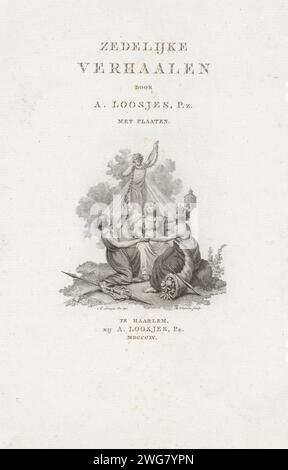 Page de titre pour : A. Loosjes, 'histoires morales', 1815, Reinier Vinkeles (I), d'après Adriaan Pietersz. Loosjes, 1804 - 1805 imprimeur : Amsterdamafter design by : Haarleméditeur : Haarlem gravure sur papier / gravure 'Cornucopia', Horn of Plenty. soleil comme corps céleste Banque D'Images