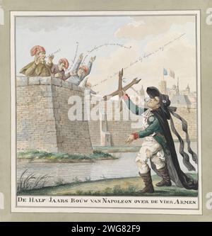 Retour de Napoléon à Paris Na Waterloo, 1815, Wijnand Esser, 1815 - 1820 dessin Cartoon sur le retour de Napoléon à Paris après la bataille perdue de Waterloo, 20 juin 1815. Napoléon en uniforme battu et chapeau de lamfer (chapeau avec lamber deuil) et manteau de deuil et de croix (les quatre-bras) en main, debout à l'extérieur des murs de la ville de Paris. Sur le mur de la ville il y a quatre Français avec Jacobijnenmutsen qui sont choqués, à gauche fouché. Stylo papier pays-Bas / robe de deuil brosse. City-remparts Paris Banque D'Images