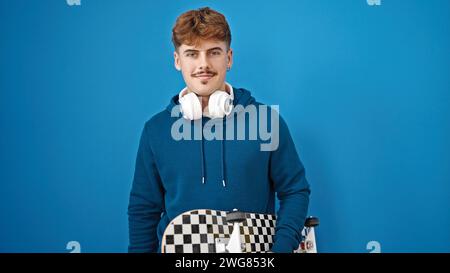 Jeune homme hispanique tenant le patin portant des écouteurs célébrant sur fond bleu isolé Banque D'Images