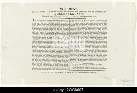 Explication à l'estampe avec la colonne commémorative au 400e anniversaire invention Book impression par Coster, 1823, D.A.M. Sluyter, 1823 feuille de texte feuille de texte avec une déclaration de la représentation de l'estampe avec le monument allégorique à la célébration du 400e anniversaire, le 10-11 juillet 1823, de l'invention de l'imprimerie par Laurens Jansz. Coster à Haarlem en 1420-1425. Texte en deux colonnes, se terminant par un verset de quatre lignes. Publishher : The Haipublisher : Amsterdam Paper Letterpress Impriming Press Haarlem. Haarlemhout Banque D'Images