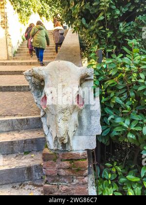 .Vérone - Italie - 30 Decembe 2019 : statue ancienne représentant un crâne de mouton. Verona Banque D'Images