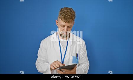 Un jeune homme barbu caucasien dans un pelage blanc utilisant une tablette sur un fond bleu Uni. Banque D'Images