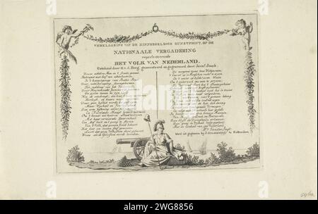 Explication à la presse avec l'allégorie à l'Assemblée nationale, 1796, Anonyme, 1797 print Déclaration de la représentation de la presse avec l'allégorie à la première réunion nationale, ouverte à la Haye le 1 mars 1796. Déclaration sous forme de verset en deux colonnes. Au bas de la Vierge néerlandaise, au-dessus et de chaque côté des guilranades florales. Imprimeur : RotterdamMaassluispublisher : Rotterdam papier gravure / gravure personnifications de pays, nations, États, districts, etc Pays-Bas Banque D'Images