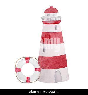 Aquarelle peinte à la main d'Un phare et Lifebuoy rend parfait Clipart d'été Banque D'Images